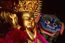 Golden Buddha with dragon peering around its shoulder.